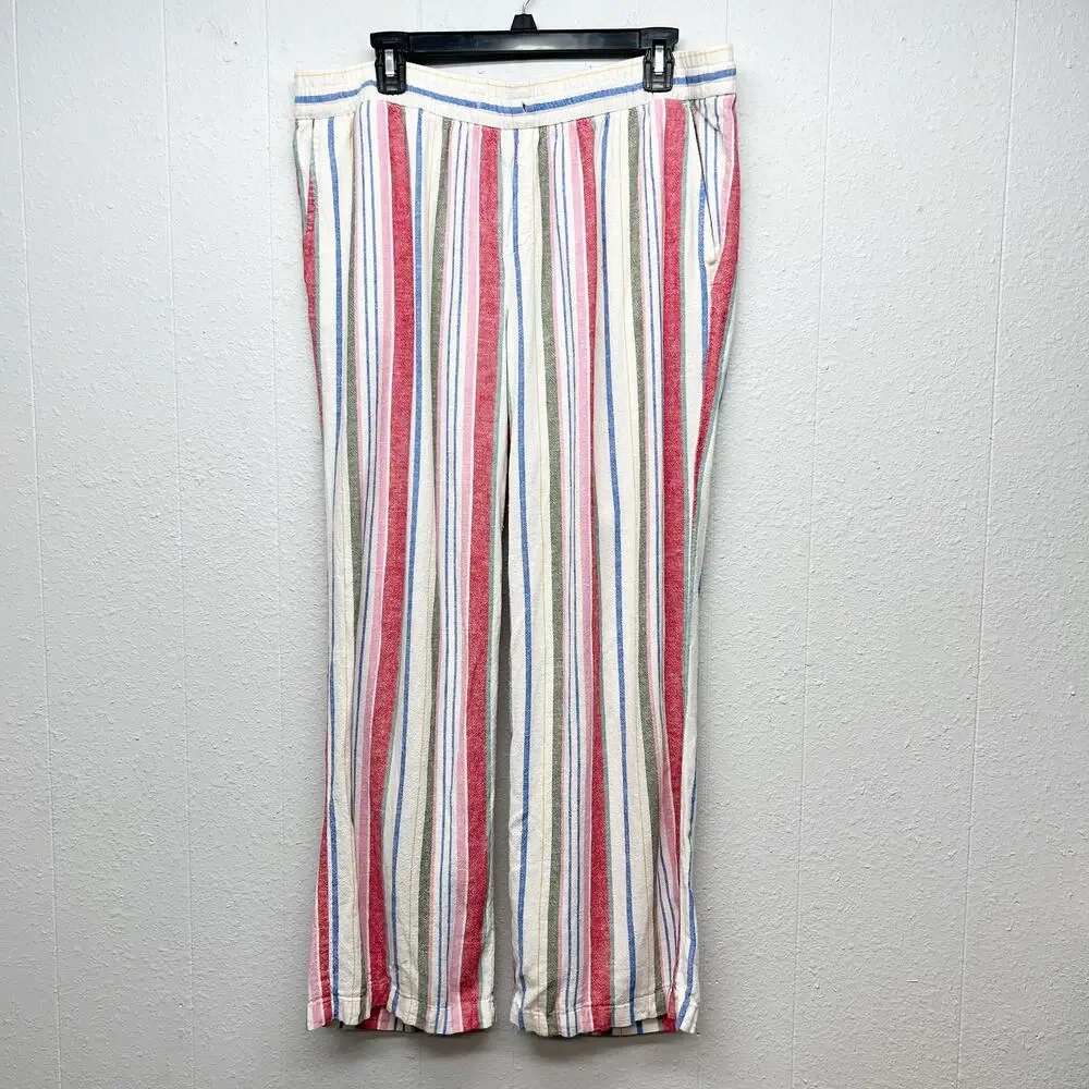 Old Navy Linen Blend Striped Pull On Pants Womens Large Straight Leg Boho Beachy
